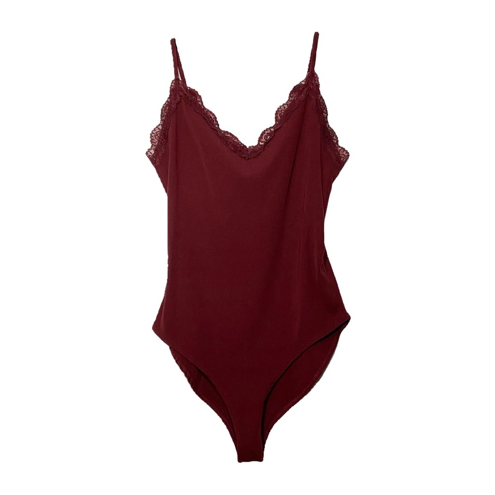 Maroon Ribbed Lacy Sleeveless Tank Top Bodysuit